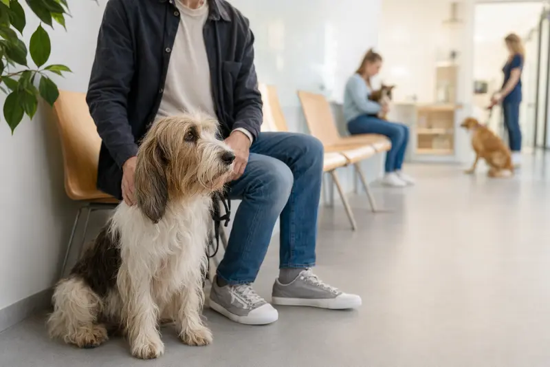 Ein Großer Basset Griffon Vendéen sitzt ruhig neben seinem Besitzer im hellen Wartezimmer einer modernen Tierarztpraxis.